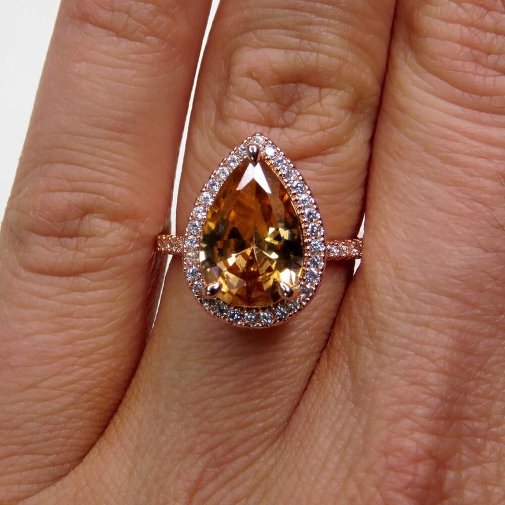 Macy's Rose Gold Pear Teardrop Halo Morganite Diamond Ring S 925 Size 7 - Picture 4 of 11